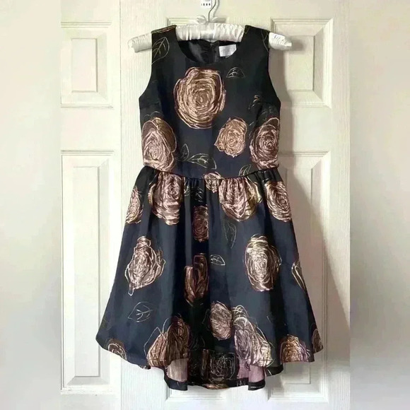 Girls Sleeveless Metallic Floral Woven Jacquard High Low Dress - Black Size12